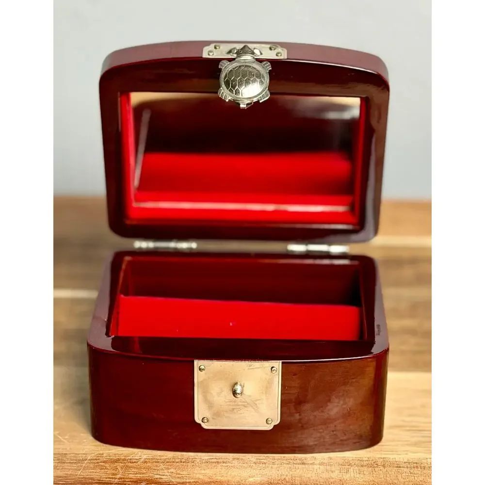 Vintage Lacquer Jewelry Box: Cranes, Turtle Clasp, Red Velvet Lined Asian Decor